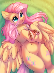 Size: 1662x2217 | Tagged: safe, artist:alphadesu, derpibooru import, fluttershy, insect, moth, pegasus, pony, g4, belly button, both cutie marks, cheek fluff, chest fluff, cute, female, hip fluff, human shoulders, insect on hoof, insect on someone, legs together, lying down, mare, on back, open mouth, open smile, overhead view, partially open wings, shyabetes, signature, smiling, solo, tongue, tongue out, wide hips, wings