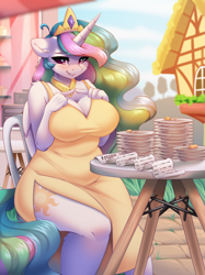 Size: 1662x2217 | Tagged: safe, artist:alphadesu, derpibooru import, princess celestia, alicorn, anthro, g4, alicorn metabolism, big breasts, bill, blushing, breasts, cake, cakelestia, cheek fluff, chubby, cleavage, clothes, cute, cutelestia, dress, ear fluff, ears, embarrassed, female, fingers together, floppy ears, food, huge breasts, looking away, nervous, nervous smile, plate, ponyville, princess breastia, shoulder fluff, side slit, sitting, smiling, solo, wavy mouth, wide hips