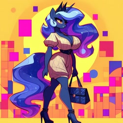 Size: 1024x1024 | Tagged: safe, ai content, derpibooru import, machine learning generated, princess luna, anthro, g4, abstract background, adorasexy, bag, beautiful, belt, big breasts, breasts, butt, cleavage, clothes, confident, curvy, cute, dress, female, handbag, high heels, hourglass figure, huge breasts, large butt, moonbutt, office lady, princess balloona, prompter:horselover fat, purse, romper, sexy, shoes, side view, smiling, solo, walking, wide hips