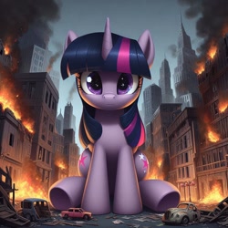 Size: 1024x1024 | Tagged: safe, ai content, derpibooru import, generator:dall-e 3, machine learning generated, twilight sparkle, pony, g4, burning, car, city, destruction, female, giant pony, innocent, looking at you, macro, mare, prompter:doomguy397, sitting, solo