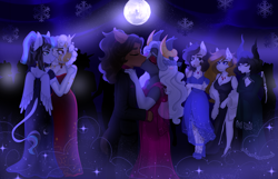 Size: 4599x2953 | Tagged: safe, derpibooru import, oc, oc only, oc:daito, oc:indigo night, oc:princess coke, oc:scorpia, anthro, earth pony, pegasus, unicorn, clothes, dancing, dress, female, horn, horns, kissing, male, moon, night