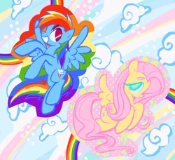 Size: 2048x1866 | Tagged: safe, derpibooru import, fluttershy, rainbow dash, pegasus, pony, g4, cloud, colorful, duo, duo female, female, flying, rainbow, smiling