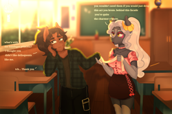 Size: 3312x2199 | Tagged: safe, artist:inconfortablee, derpibooru import, oc, oc only, oc:daito, oc:scorpia, anthro, earth pony, bandage, classroom, duo, duo male and female, eyeshadow, female, flirting, horns, makeup, male, text