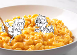 Size: 2700x1955 | Tagged: safe, artist:opalacorn, derpibooru import, oc, oc only, bat pony, kirin, pony, bat pony oc, cheese, descriptive noise, duo, eating, food, irl, kirin oc, looking at each other, looking at someone, macaroni, macaroni and cheese, pasta, photo, ponies in food, ponies in real life, smiling, smiling at each other, spread legs, spreading, tiny, tiny ponies