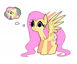 Size: 2077x1709 | Tagged: safe, artist:syrupyyy, derpibooru import, screencap, fluttershy, pegasus, pony, g4, :i, big eyes, colored, colored sketch, derp, episode needed, eyelashes, female, flat colors, long mane, long tail, mare, no thoughts head empty, pink mane, pink tail, simple background, sketch, solo, spread wings, standing, tail, thinking, thought bubble, wavy mane, wavy tail, white background, wide eyes, wings, yellow coat