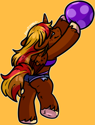 Size: 1507x1980 | Tagged: safe, artist:sexygoatgod, derpibooru import, oc, oc only, oc:dawn chaser, alicorn, pony, semi-anthro, alicorn oc, beach ball, clothes, commission, daisy dukes, denim, denim shorts, horn, shorts, solo, tube top, wings