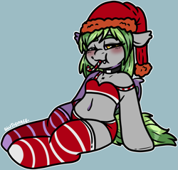 Size: 1833x1754 | Tagged: safe, artist:sexygoatgod, derpibooru import, oc, oc only, bat pony, pony, semi-anthro, bra, bra on pony, candy, candy cane, christmas, clothes, commission, eating, fangs, female, food, hat, holiday, looking at you, mare, one eye closed, panties, santa hat, simple background, socks, solo, thigh highs, underwear, wink, winking at you