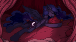 Size: 2400x1344 | Tagged: safe, alternate version, artist:blackkaries, derpibooru import, princess luna, alicorn, pony, g4, bed, butt, chest fluff, cute, drool, ear fluff, ears, eyebrows, eyes closed, female, fluffy, freckles, horn, leg fluff, lunabetes, lying down, lying on bed, mare, moonbutt, morning ponies, on bed, open mouth, pillow, plot, prone, sleeping, sleepy, solo, sploot, tail, tongue, tongue out, wings