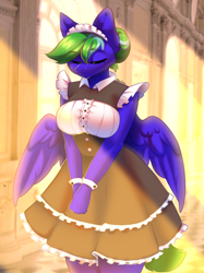 Size: 1662x2217 | Tagged: safe, artist:alphadesu, derpibooru import, oc, oc only, oc:aqua grass, anthro, pegasus, anthro oc, breasts, clothes, eyes closed, female, maid, pegasus oc, solo, wings