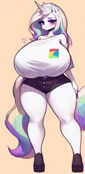 Size: 503x1024 | Tagged: safe, ai content, derpibooru import, machine learning generated, oc, oc only, anthro, unicorn, adorasexy, big breasts, blushing, breasts, busty oc, clothes, curvy, cute, embarrassed, female, horn, huge breasts, impossibly large breasts, prompter:horselover fat, sexy, shirt, simple background, solo, standing, stupid sexy oc, thighs, thunder thighs, tight clothing, unicorn oc, wide hips