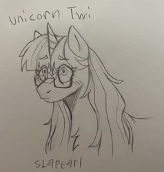 Size: 2721x2854 | Tagged: safe, artist:slapearl, derpibooru import, twilight sparkle, unicorn twilight, pony, unicorn, g4, alternate design, black and white, blushing, chest fluff, coat markings, eyebrows, eyebrows visible through hair, facial markings, female, glasses, grayscale, mare, monochrome, simple background, sketch, solo, star (coat marking), traditional art, white background