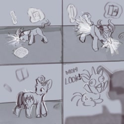 Size: 1440x1440 | Tagged: safe, artist:505p0ni, derpibooru import, oc, oc only, oc:fritz storm, pony, unicorn, black and white, comic, female, filly, foal, grayscale, horn, magic, monochrome, pigtails, solo, telekinesis