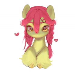 Size: 1440x1440 | Tagged: safe, artist:505p0ni, derpibooru import, apple bloom, earth pony, pony, g4, braid, female, floating heart, hairclip, heart, mare, pigtails, simple background, solo, unshorn fetlocks, white background