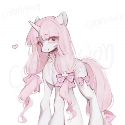 Size: 1440x1440 | Tagged: safe, artist:505p0ni, derpibooru import, oc, oc only, pony, unicorn, bow, choker, clothes, commission, eyebrows, eyebrows visible through hair, female, hair bow, horn, mare, simple background, socks, solo, watermark, white background