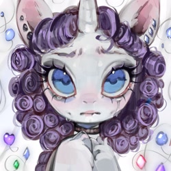 Size: 2048x2048 | Tagged: safe, artist:505p0ni, derpibooru import, rarity, pony, unicorn, g4, abstract background, alternate hairstyle, choker, crying, curly hair, curly mane, ear piercing, earring, female, horn, jewelry, mare, piercing, solo, unshorn fetlocks