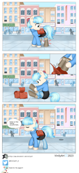 Size: 2112x4624 | Tagged: safe, artist:vinilyart, derpibooru import, coco pommel, earth pony, pony, g4, 3 panel comic, bag, boots, city, clothes, comic, eyes closed, female, high res, mare, outdoors, saddle bag, shoes, sitting, smiling, solo focus, speech bubble, sweater, tail
