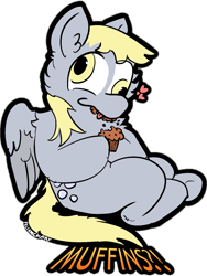 Size: 1620x2160 | Tagged: safe, artist:felixmcfurry, derpibooru import, derpy hooves, pegasus, pony, :p, exclamation point, female, food, interrobang, muffin, question mark, simple background, solo, text, that pony sure does love muffins, tongue, tongue out, transparent background