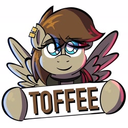 Size: 1920x1920 | Tagged: safe, artist:ashtoneer, derpibooru import, oc, oc only, oc:toffee scotch, pegasus, pony, bust, eye clipping through hair, eyebrows, eyebrows visible through hair, female, hoof hold, lidded eyes, looking at you, mare, rule 63, sign, simple background, smiling, smiling at you, solo, spread wings, white background, wings