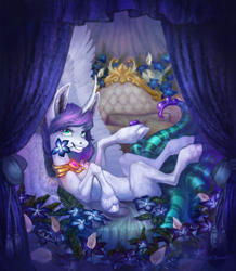 Size: 2160x2477 | Tagged: safe, artist:natanatfan, derpibooru import, oc, oc only, oc:netori, alicorn, pony, alicorn oc, bed, belly, curtains, curved horn, flower, flower in mouth, grin, high res, horn, jewelry, looking at you, lying down, male, mouth hold, on back, smiling, stallion, tentacles, thin, unshorn fetlocks, wings