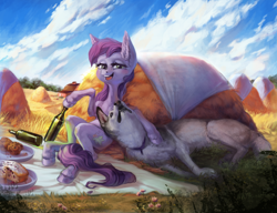 Size: 2598x2000 | Tagged: safe, artist:natanatfan, derpibooru import, oc, oc only, oc:cork dork, dog, earth pony, pony, bottle, food, hay, haystack, high res, husky, looking at you, muffin, open mouth, picnic, picnic blanket, pie, scenery, sitting, smiling, solo, wine bottle