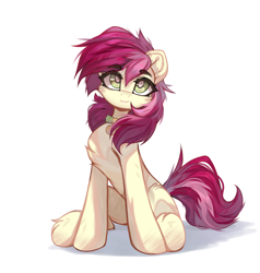 Size: 3906x4096 | Tagged: safe, artist:jfrxd, derpibooru import, roseluck, earth pony, pony, g4, chest fluff, collar, eyebrows, eyebrows visible through hair, female, flower, looking at you, looking up, mare, rose, rosepet, simple background, sitting, smiling, solo, white background