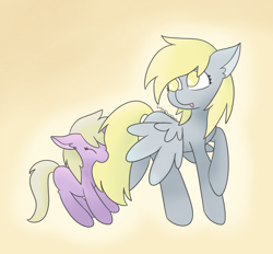 Size: 3598x3346 | Tagged: safe, artist:tkshoelace, derpibooru import, derpy hooves, dinky hooves, pegasus, pony, unicorn, g4, duo, duo female, ear fluff, ears, eyes closed, female, filly, floppy ears, foal, horn, looking at someone, mare, mother and child, mother and daughter, open mouth, parent and child, raised hoof, raised leg, simple background, spread wings, wings, wings down