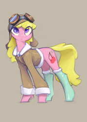 Size: 904x1268 | Tagged: safe, artist:blue ink, derpibooru import, cherry berry, earth pony, pony, g4, aviator goggles, colored sketch, eye clipping through hair, female, goggles, mare, simple background, sketch, solo