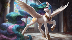 Size: 1920x1080 | Tagged: safe, ai content, derpibooru import, generator:pony diffusion v6 xl, generator:stable diffusion, machine learning generated, princess celestia, alicorn, pony, g4, canterlot castle, concave belly, female, full body, horn, indoors, looking at you, mare, pose, prompter:truekry, smiling, smiling at you, solo, spread wings, stained glass, wings