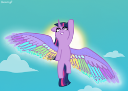 Size: 2700x1920 | Tagged: safe, artist:[mlp] harmony, derpibooru import, twilight sparkle, twilight sparkle (alicorn), alicorn, pony, g4, belly, cloud, colored wings, flying, horn, large wings, multicolored wings, my little pony: rainbow roadtrip, open mouth, open smile, rainbow wings, raised hoof, raised leg, smiling, solo, spread wings, sun, wing bling, wings