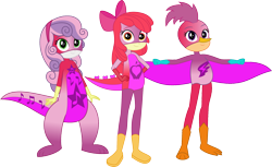 Size: 2727x1674 | Tagged: safe, artist:dupontsimon, derpibooru import, apple bloom, scootaloo, sweetie belle, bird, human, kangaroo, lizard, fanfic:choose your own magic ending, equestria girls, g4, fanfic art, road runner, simple background, superhero, transparent background, vector