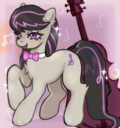 Size: 1931x2048 | Tagged: safe, artist:plebliung, derpibooru import, octavia melody, earth pony, pony, g4, abstract background, bowtie, cello, chest fluff, circle, colored pinnae, dyed hair, ear fluff, ears, female, fluffy, gradient background, leg fluff, looking up, mare, music notes, musical instrument, octavia's bowtie, open mouth, open smile, raised hoof, raised leg, shadow, signature, smiling, solo, sparkles, standing