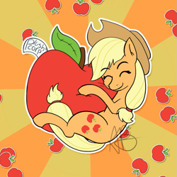 Size: 851x851 | Tagged: safe, artist:mranthony2, derpibooru import, applejack, earth pony, pony, g4, apple, applejack's hat, clothes, cowboy hat, cute, eyes closed, female, food, giant food, happy, hat, hug, jackabetes, mare, plushie, smiling, solo, sticker, sunburst background, that pony sure does love apples