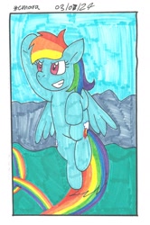 Size: 1026x1543 | Tagged: safe, artist:cmara, derpibooru import, rainbow dash, pegasus, pony, g4, female, flying, grin, marker drawing, rainbow trail, smiling, solo, traditional art