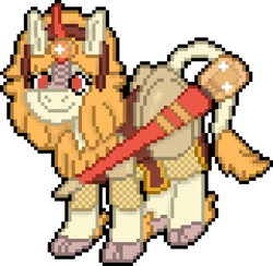 Size: 640x624 | Tagged: safe, artist:bloonacorn, derpibooru import, oc, oc:gloria graces, kirin, digital art, kirin oc, lance, leonine tail, magic, pixel art, simple background, solo, tail, telekinesis, transparent background, weapon