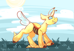Size: 2657x1827 | Tagged: safe, artist:ezzerie, derpibooru import, oc, oc only, oc:physalis, changedling, changeling, pony, antennae, bracelet, cloud, fangs, female, grass, heart, heart eyes, jewelry, running, solo, solo female, sun, tongue, tongue out, wingding eyes, yellow changeling