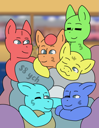 Size: 2600x3358 | Tagged: safe, artist:brushwork, derpibooru import, oc, pony, chibi, commission, cuddling, female, friendly, gay, group, group photo, male, straight, your character here
