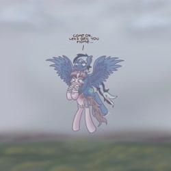 Size: 3699x3699 | Tagged: safe, artist:tuskonline, derpibooru import, oc, pegasus, pony, unicorn, bandage, bandaged leg, blood, blue body, blue eyes, blurry background, brown eyes, brown hair, brown mane, brown tail, crying, cutie mark, flying, holding a pony, horn, injured, multicolored hair, multicolored mane, multicolored tail, pegasus oc, pink body, ponysona, simple background, spread wings, tail, teary eyes, text, unicorn oc, wings