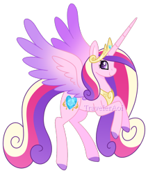 Size: 1000x1172 | Tagged: safe, artist:traveleraoi, derpibooru import, princess cadance, alicorn, pony, g4, colored pupils, colored wings, crown, cute, cutedance, female, flying, gradient wings, hooves, horn, jewelry, long horn, long mane, long tail, looking at you, mare, older, older princess cadance, peytral, regalia, simple background, smiling, solo, tail, tall, transparent background, watermark, wings