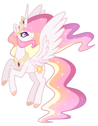 Size: 1000x1279 | Tagged: safe, artist:traveleraoi, derpibooru import, princess celestia, alicorn, pony, g4, colored pupils, crown, cute, cutelestia, ethereal mane, ethereal tail, female, flying, hooves, horn, jewelry, long horn, long mane, long tail, mare, peytral, redesign, regalia, simple background, smiling, solo, sparkles, spread wings, tail, tall, transparent background, watermark, wings