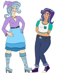 Size: 640x758 | Tagged: safe, derpibooru import, starlight glimmer, trixie, equestria girls, g4, boots, clothes, converse, denim, high heel boots, jeans, pants, shoes, solo