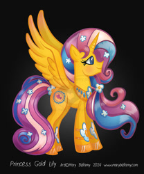 Size: 600x721 | Tagged: safe, artist:marybellamy, derpibooru import, princess gold lily, alicorn, g4, black background, clothes, collar, flower, ponytail, redesign, shoes, simple background, toy, watermark, wavy hair, zorilita