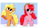 Size: 3142x2338 | Tagged: safe, artist:syrupyyy, derpibooru import, part of a set, applejack, pinkie pie, earth pony, pony, g4, accessory swap, alternate hairstyle, applejack's hat, bipedal, clothes, cowboy hat, cute, diapinkes, duo, duo female, eye clipping through hair, eyebrows, eyebrows visible through hair, female, freckles, gradient background, hat, high res, jackabetes, looking at you, mane swap, mare, no catchlights, open mouth, open smile, raised hoof, raised leg, redraw, smiling, smiling at you, tail swap