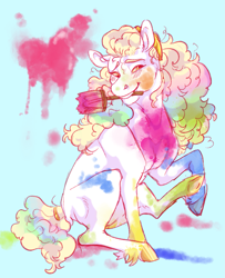 Size: 1495x1838 | Tagged: safe, artist:cactiflowers, derpibooru import, oc, oc only, earth pony, pony, female, mare, mouth hold, paint splatter, paintbrush, solo