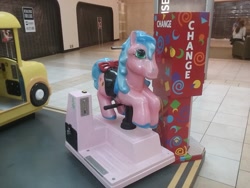 Size: 1600x1200 | Tagged: safe, photographer:supermario64dsxl55, starlight (g1), earth pony, pony, g1, my little pony tales, amutec, bow, bus, button, cute, female, fun bus, indoors, irl, jolly roger amusement rides, kiddie ride, mall, mare, photo, saddle, smiling, stawwlight, tail, tail bow, wausau center mall
