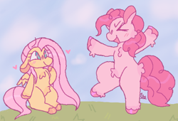 Size: 546x371 | Tagged: safe, artist:b4rkzal0t, derpibooru import, fluttershy, pinkie pie, earth pony, pegasus, pony, g4, ><, bipedal, blushing, cute, diapinkes, duo, duo female, ears, eyes closed, female, floppy ears, flutterpie, grass, heart, lesbian, mare, open mouth, open smile, pubic fluff, shipping, shyabetes, signature, sitting, sky, smiling, unshorn fetlocks, wings