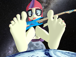 Size: 5000x3750 | Tagged: safe, artist:dragonalex555, derpibooru import, moondancer, human, equestria girls, g4, 3d, barefoot, earth, electric guitar, feet, female, fetish, foot fetish, giantess, guitar, guitar solo, macro, mmd, musical instrument, soles, space, toes, tongue, tongue out, wiggling toes, wiggling tongue