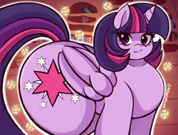 Size: 2048x1555 | Tagged: safe, artist:artmorheart, derpibooru import, twilight sparkle, twilight sparkle (alicorn), alicorn, pony, g4, butt, huge butt, large butt, lights, looking at you, puffed chest, small head, smiling, smiling at you, smirk, solo, twibutt, wings