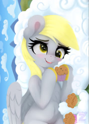 Size: 1299x1818 | Tagged: safe, artist:darksly, derpibooru import, derpy hooves, pegasus, pony, belly, belly button, blushing, body pillow, chest fluff, cloud, derp, female, food, mare, muffin, on a cloud, smiling, solo