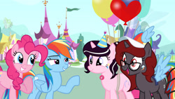 Size: 1920x1080 | Tagged: safe, derpibooru import, pinkie pie, rainbow dash, oc, oc:curse word, oc:magpie, earth pony, pegasus, pony, unicorn, balloon, clothes, cosplay, costume, female, heart, heart balloon, horn