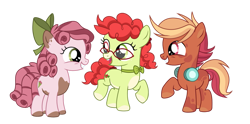 Size: 1271x628 | Tagged: safe, artist:primrosepaper, derpibooru import, oc, oc only, oc:combo breaker, oc:rosebud, oc:sour apple tart, earth pony, pony, g4, bow, bucktooth, coat markings, colt, female, filly, foal, glasses, grin, hair bow, headphones, headphones around neck, heterochromia, male, next generation, offspring, pale belly, parent:button mash, parent:pipsqueak, parent:scootaloo, parent:sweetie belle, parents:scootamash, parents:sweetiesqueak, parents:twistbloom, pinto, ribbon, simple background, smiling, transparent background, trio